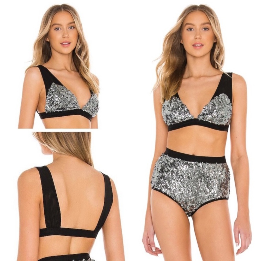 Free People Black and Silver Sequin Bralette and High-Waist Set